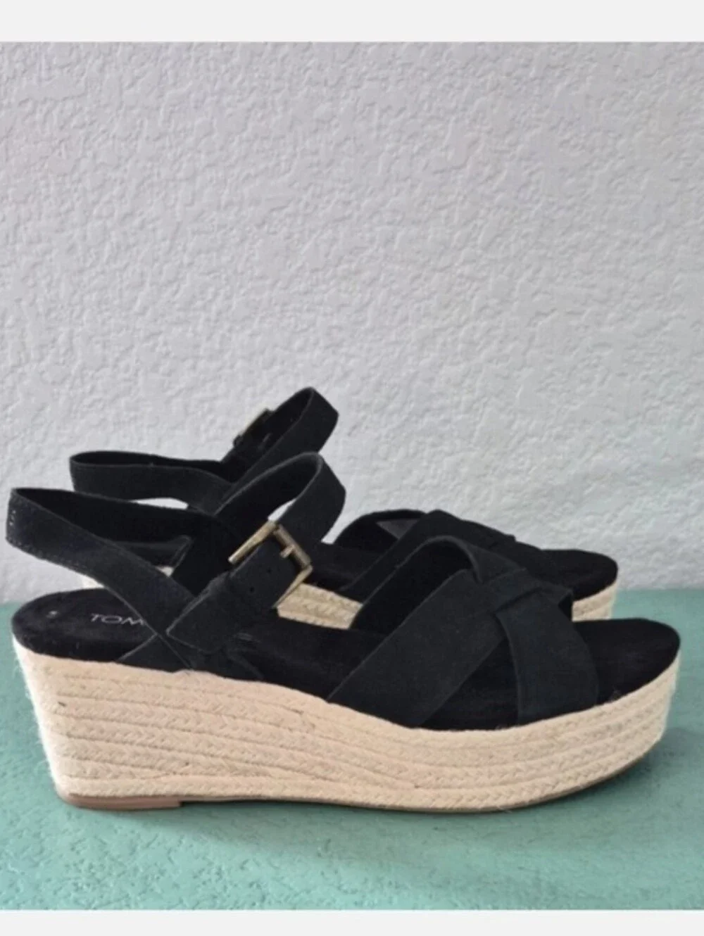 TOMS Black Suede Espadrille Platform Wedge Sandals Women's 8